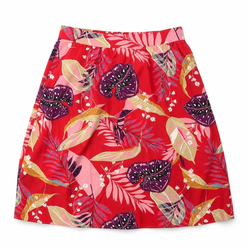 Front view of JUST ELEGANCE women’s red floral polyester a-line skirt, size M
