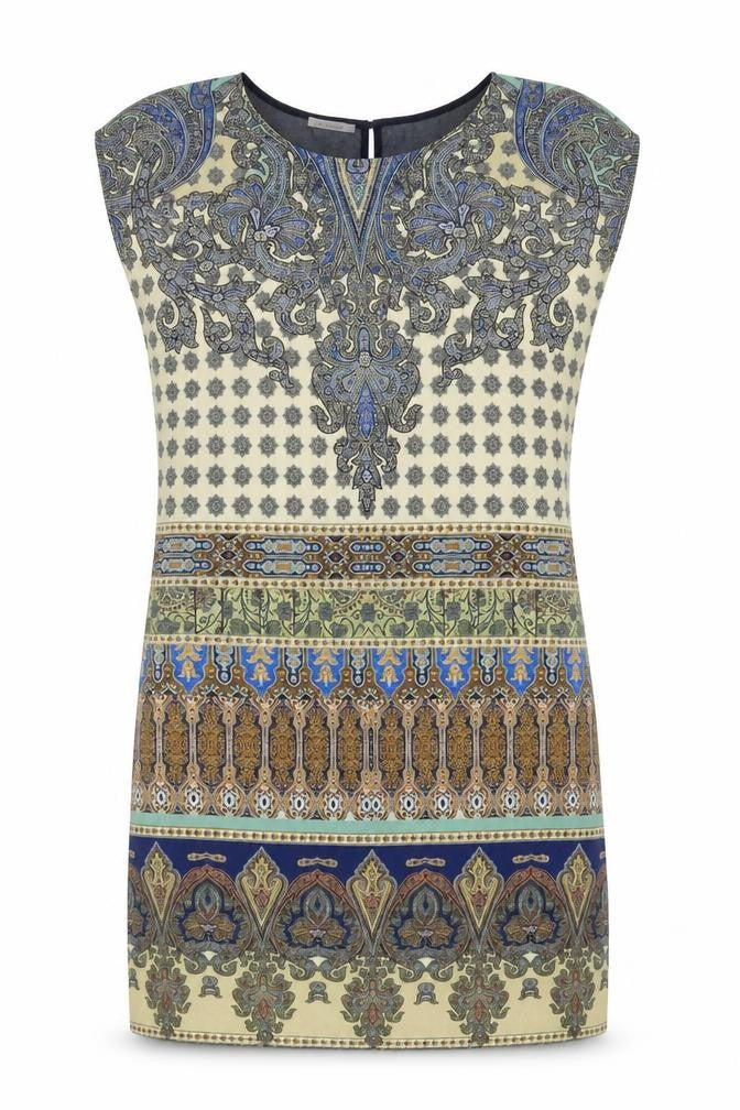 Front view of Promod women’s blue geometric polyester sheath one size scoop neck button