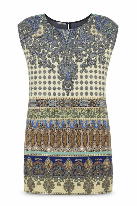 Front view of Promod women’s blue geometric polyester sheath one size scoop neck button