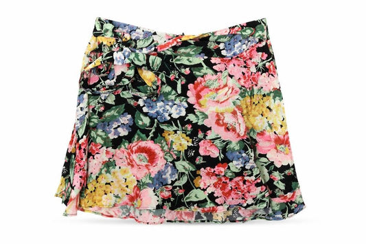 Front view of Zara women’s black floral polyester skater skirt, size M, zip