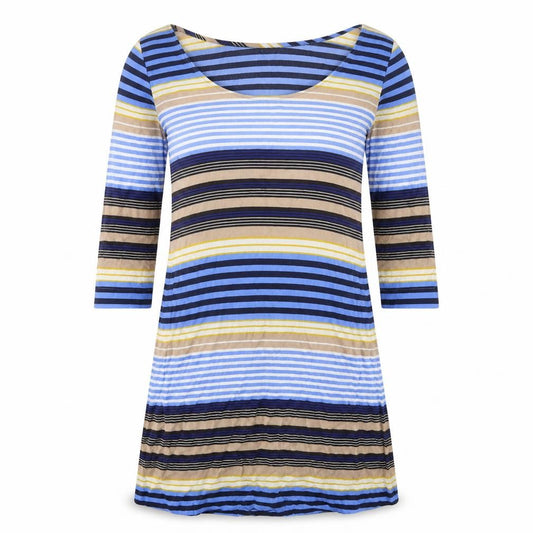 Front view of women’s blue striped polyester a-line one size round neck pullover