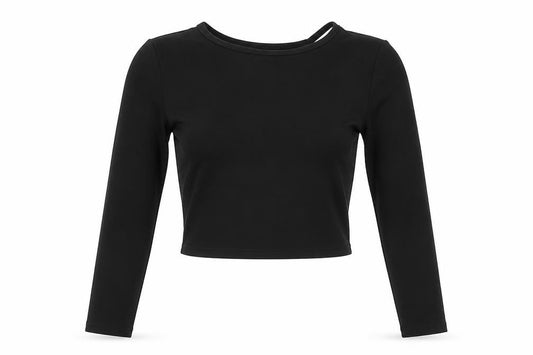 Front view of PRETTYLITTLETHING women’s black polyester wrap blouse, size S, round neck - open back
