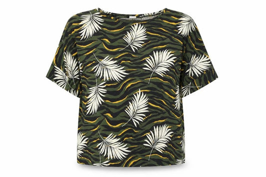 Front view of Dorothy Perkins women’s green geometric polyester basic t-shirt, size UK 12, boat neck - leaf print
