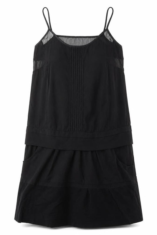 Front view of women’s black polyester tank dress, size XS, round neck pullover