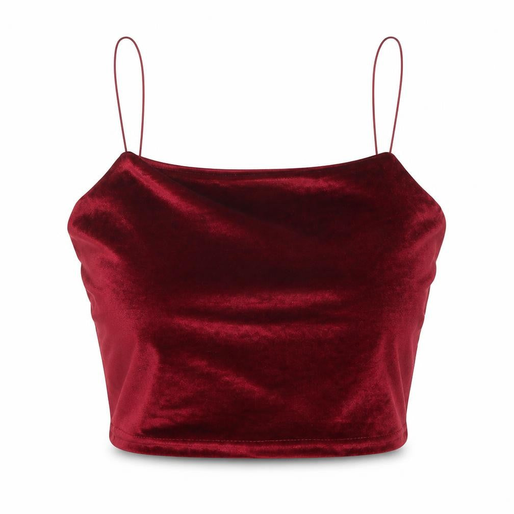 Front view of Preworn women’s red polyester cropped tank, size S, square neck