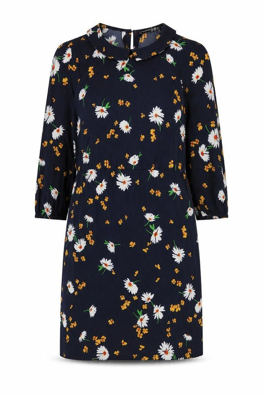 Front view of Atmosphere women’s blue floral polyester shift, size UK 8, collared button