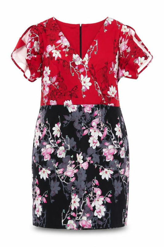 Front view of Paper Dolls women’s multicoloured floral polyester a-line, size UK 6, v-neck zip