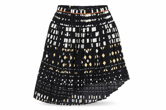 Front view of Topshop women’s black geometric polyester pleated skirt, size UK 10, zip