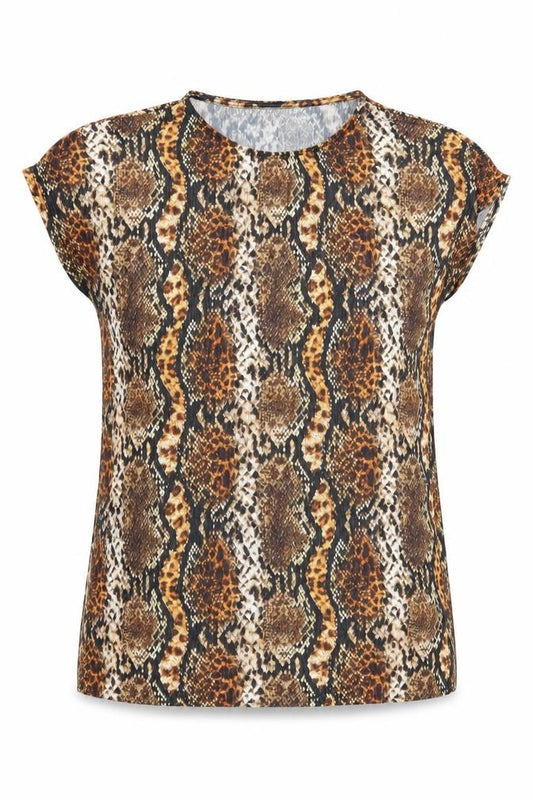 Front view of Papaya women’s multicoloured geometric polyester basic t-shirt, size UK 10, round neck