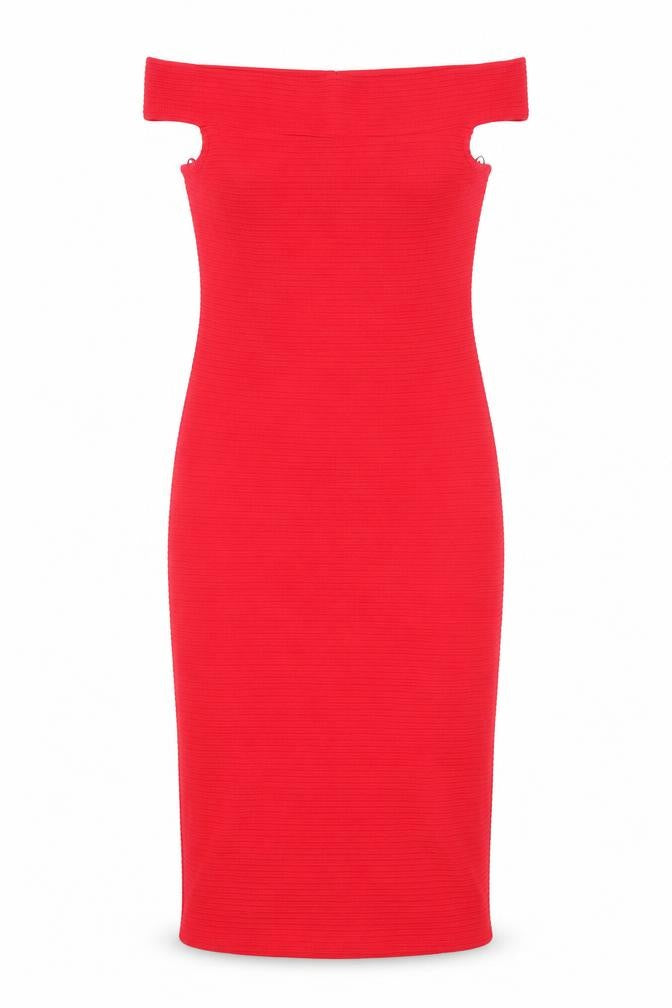 Front view of Therapy women’s red acrylic bodycon, size UK 8, off the shoulder pullover