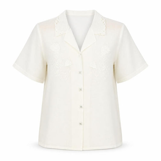 Front view of Clothes Contact women’s ivory floral polyester basic button-up, size UK 12, collared