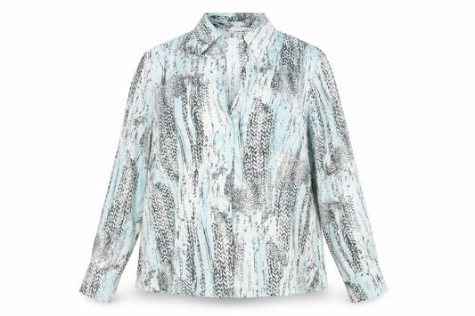 Front view of Gerry Weber women’s blue geometric polyester basic button-up, size UK 18, collared