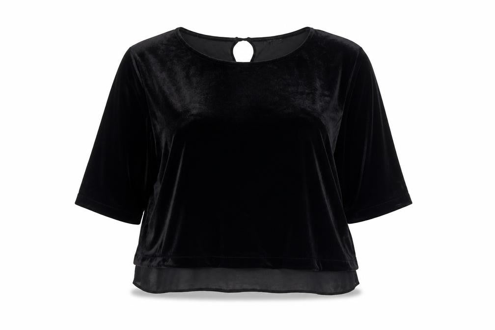 Front view of River Island women’s black polyester cropped blouse, size UK 18, boat neck - chiffon hem