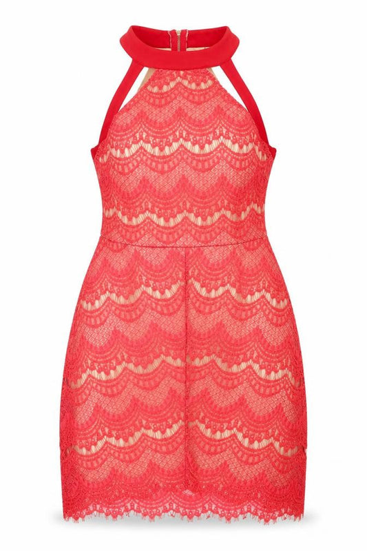 Front view of In the Style women’s red geometric polyester bodycon, size UK 14, round neck zip