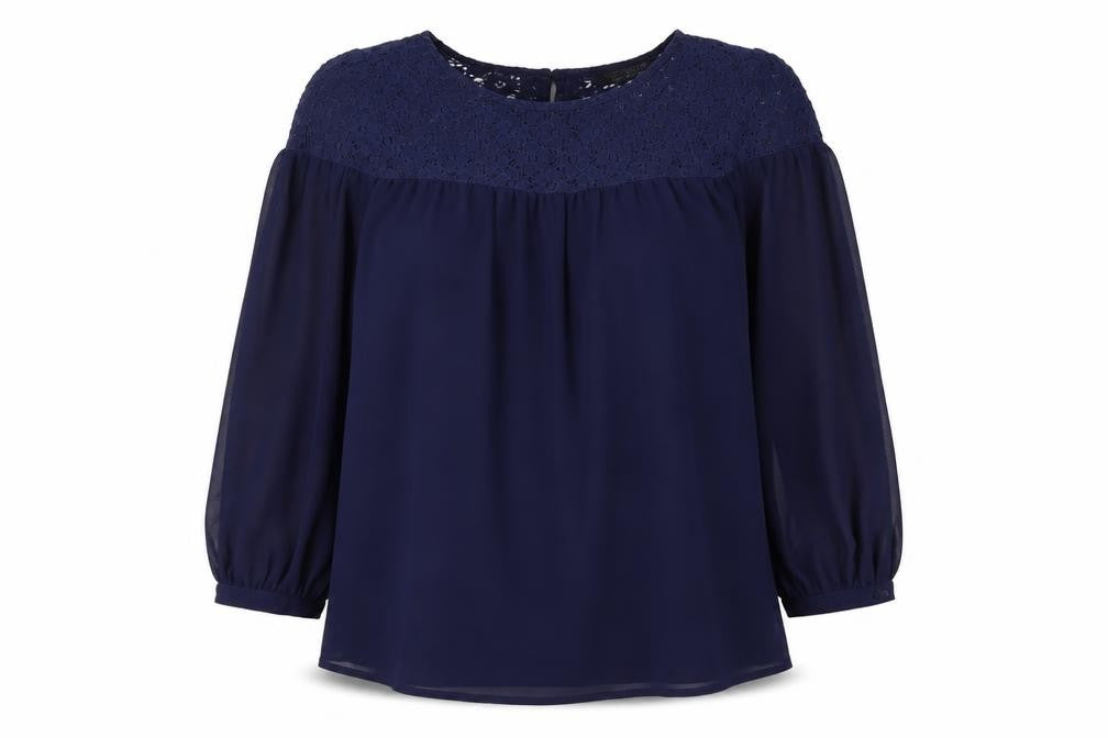 Front view of Topshop women’s blue polyester basic blouse, size UK 10, round neck - lace detail