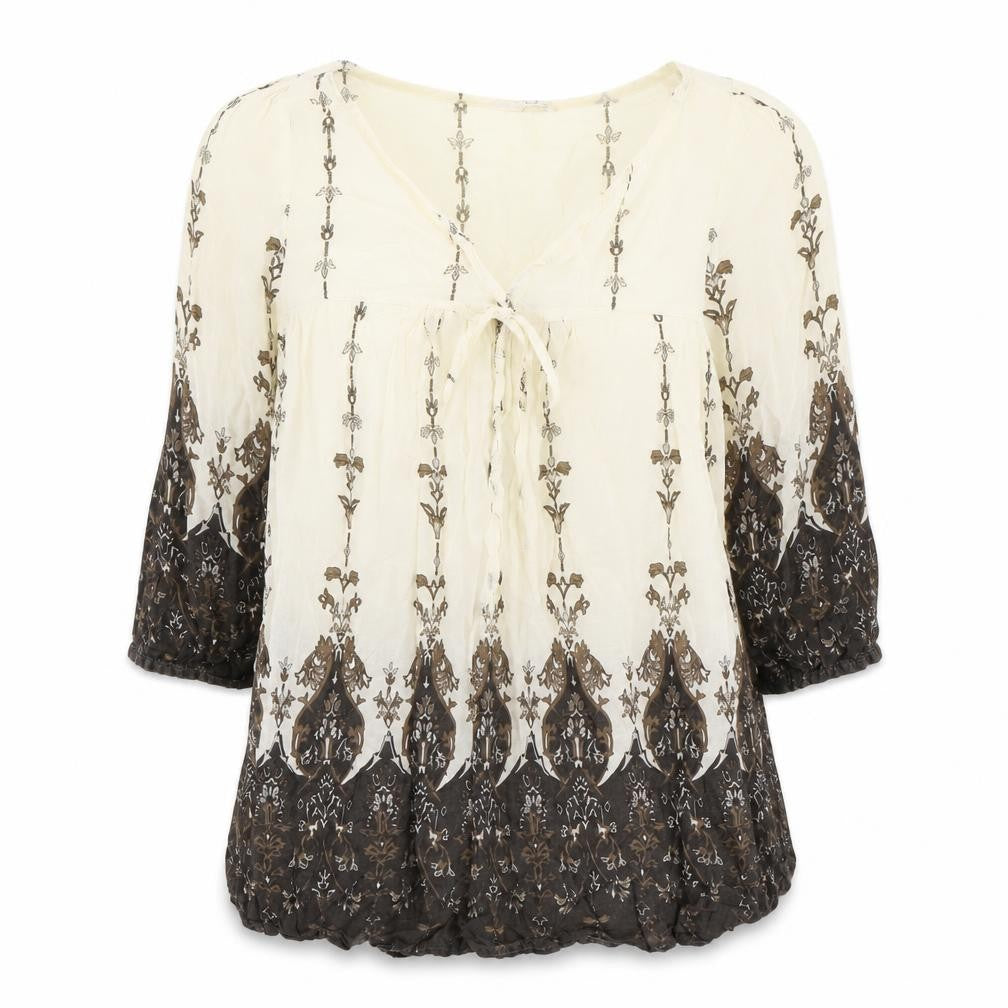 Front view of H&M women’s brown geometric cotton basic blouse, size UK 10, v-neck