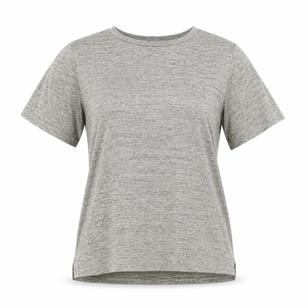 Front view of Mercer & Madison women’s beige polyester basic t-shirt, size M, round neck
