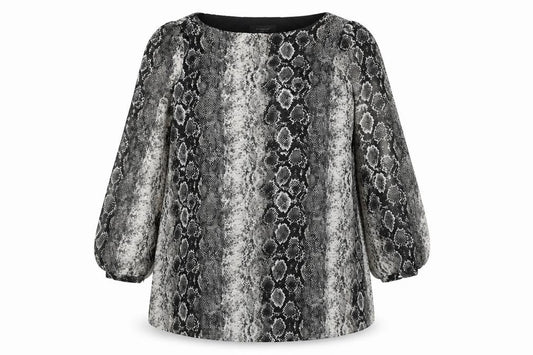 Front view of Primark women’s grey animal print polyester a-line, size UK 16, round neck pullover - snakeskin pattern