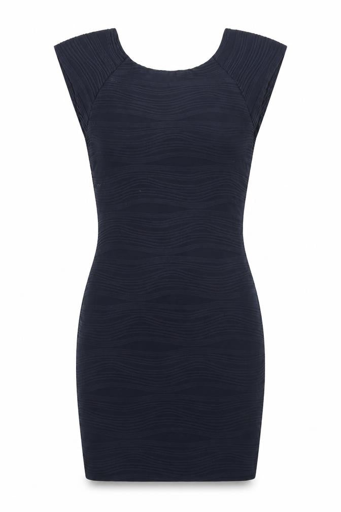 Front view of AX Paris women’s blue geometric polyester bodycon, size S, round neck pullover