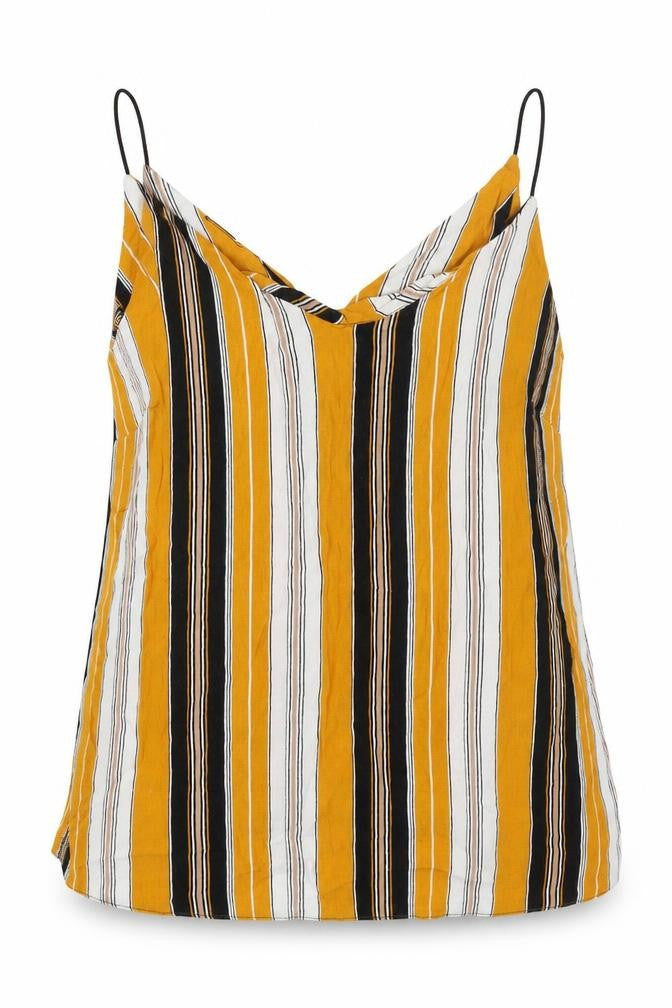 Front view of New Look women’s yellow striped viscose basic tank, size UK 14, v-neck