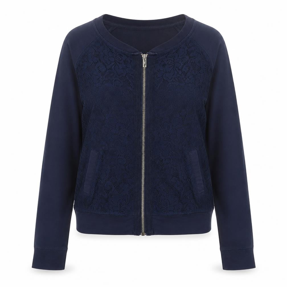 Front view of Debenhams women’s blue geometric bomber jacket jacket, size UK 6, zip