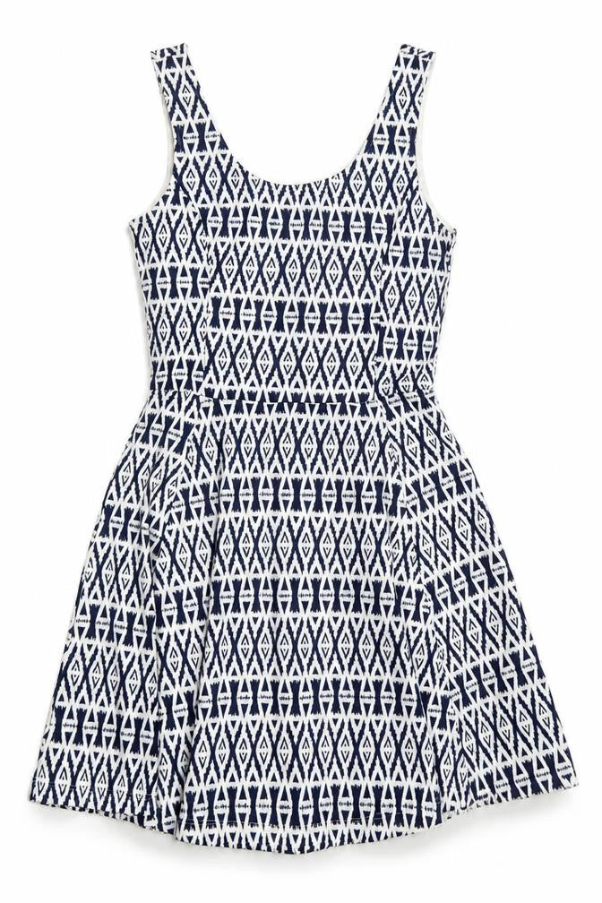 Front view of Divided women’s white geometric polyester skater dress, size UK 10, scoop neck pullover