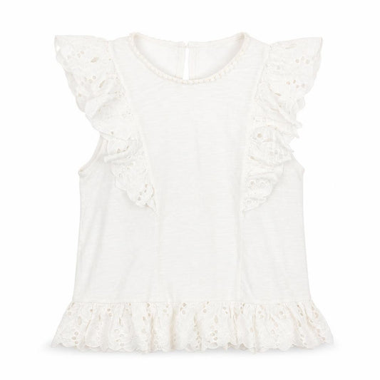 Front view of Miss Selfridge women’s white polyester basic tank, size UK 6, round neck - broderie anglaise