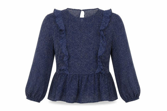 Front view of H&M women’s blue geometric polyester basic blouse, size UK 10, round neck