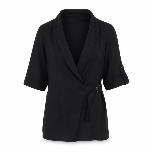Front view of Select women’s black polyester kimono blouse, size UK 6, v-neck