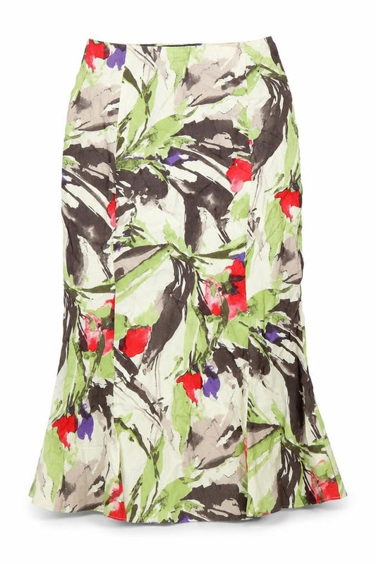 Front view of Minute women’s multicoloured geometric polyester trumpet skirt, size UK 8, zip