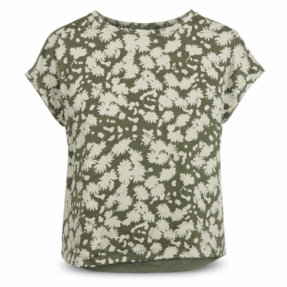 Front view of Marks & Spencer women’s green geometric viscose basic blouse, size UK 8, round neck
