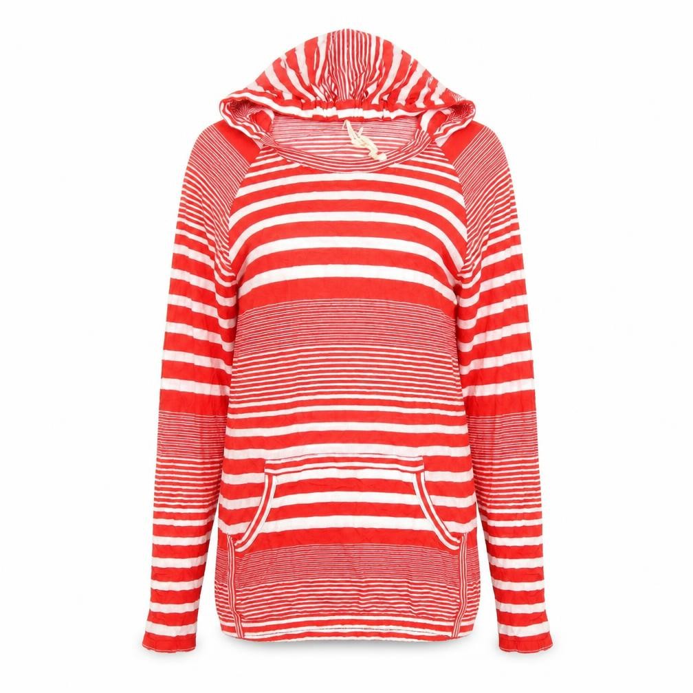 Front view of Topshop women’s red striped viscose pullover hoodie, size UK 8, pullover