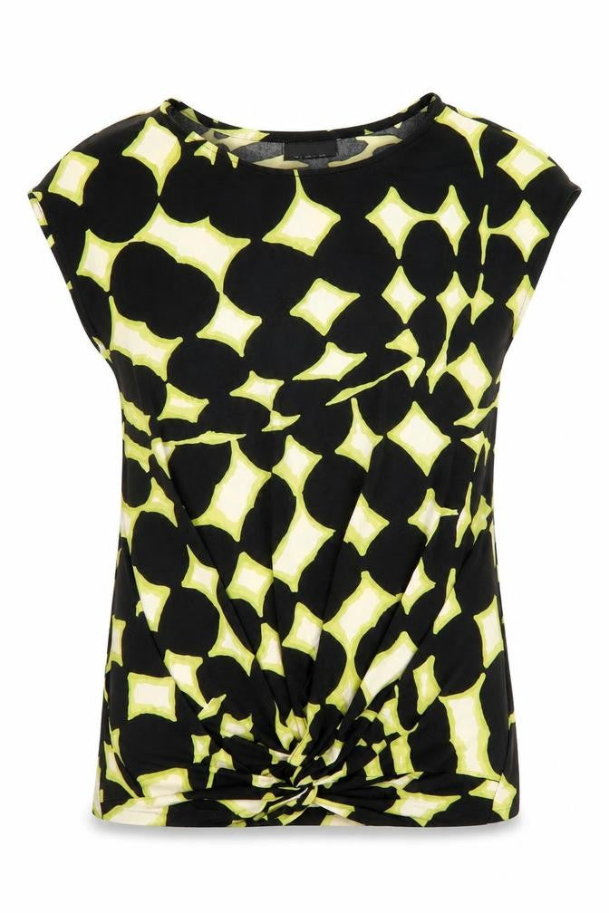 Front view of Wallis women’s black geometric polyester basic blouse, size UK 8, round neck - twist detail