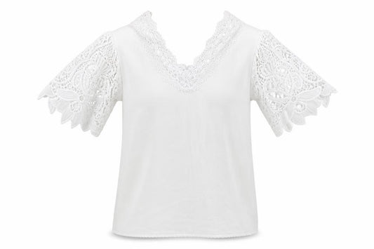 Front view of Preworn women’s white polyester basic blouse, size S, v-neck - cold shoulder