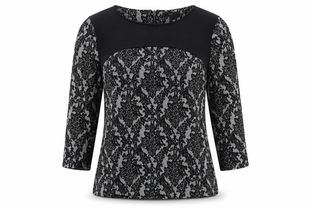 Front view of Papaya women’s black geometric polyester basic blouse, size UK 10, boat neck
