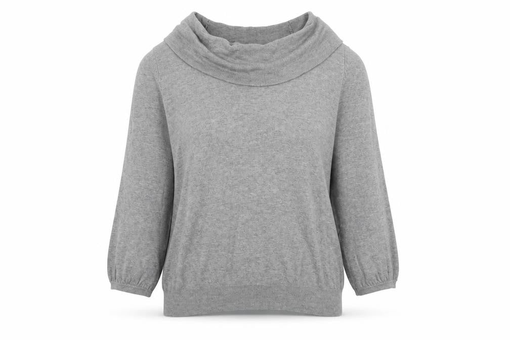 Front view of Marks & Spencer women’s grey roll neck viscose jumper, size UK 12, pullover