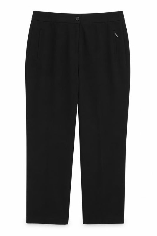 Front view of Marks & Spencer women’s black polyester trousers, size UK 14, regular zip