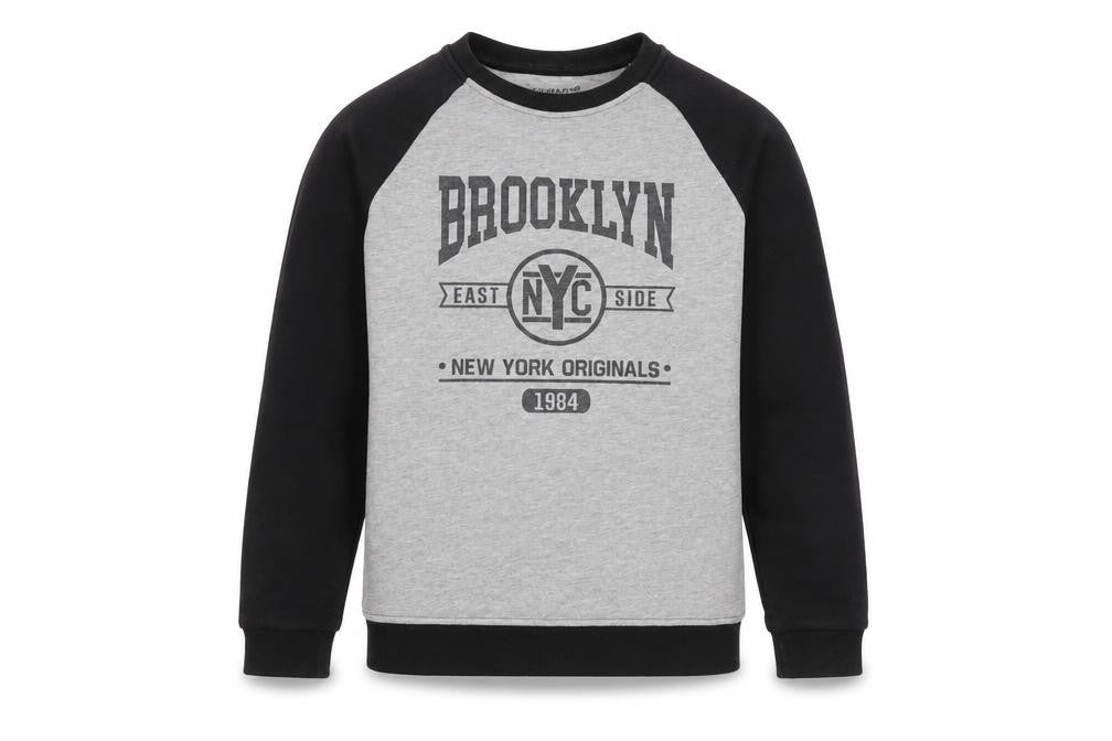 Front view of Primark boys’ grey colourblock cotton pullover sweatshirt, size 12-13, years pullover - brooklyn