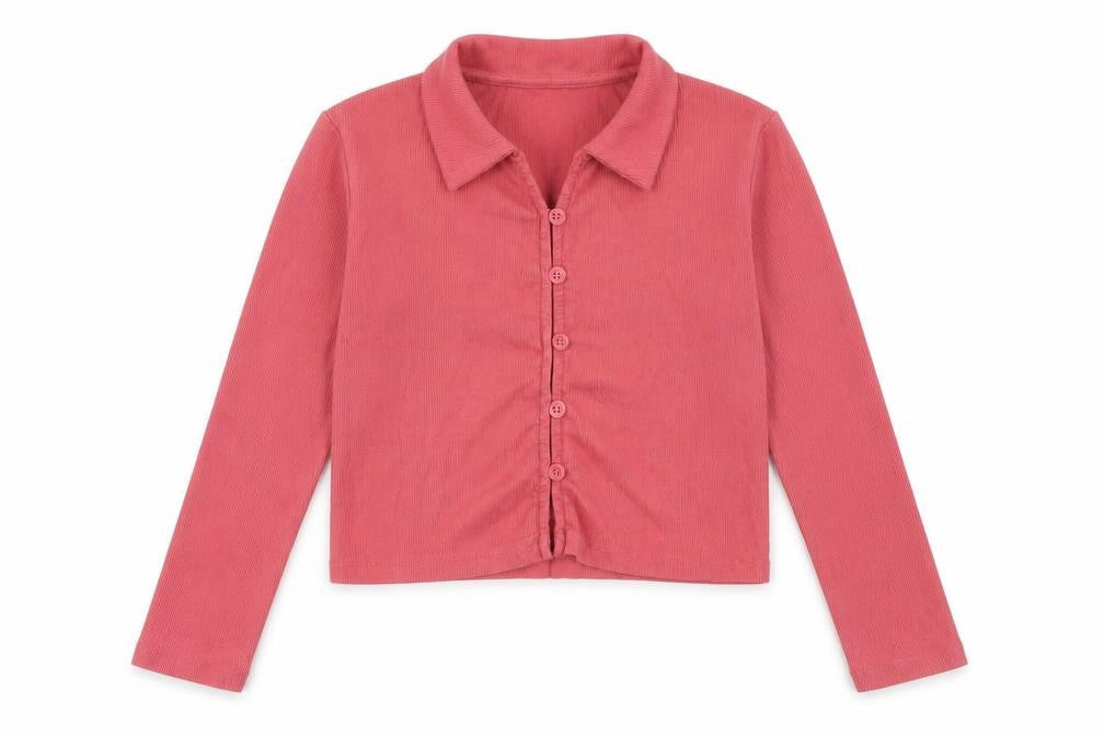 Front view of Candy Couture girls’ pink 100% cotton cropped button-up, size 15, years collared button - ribbed