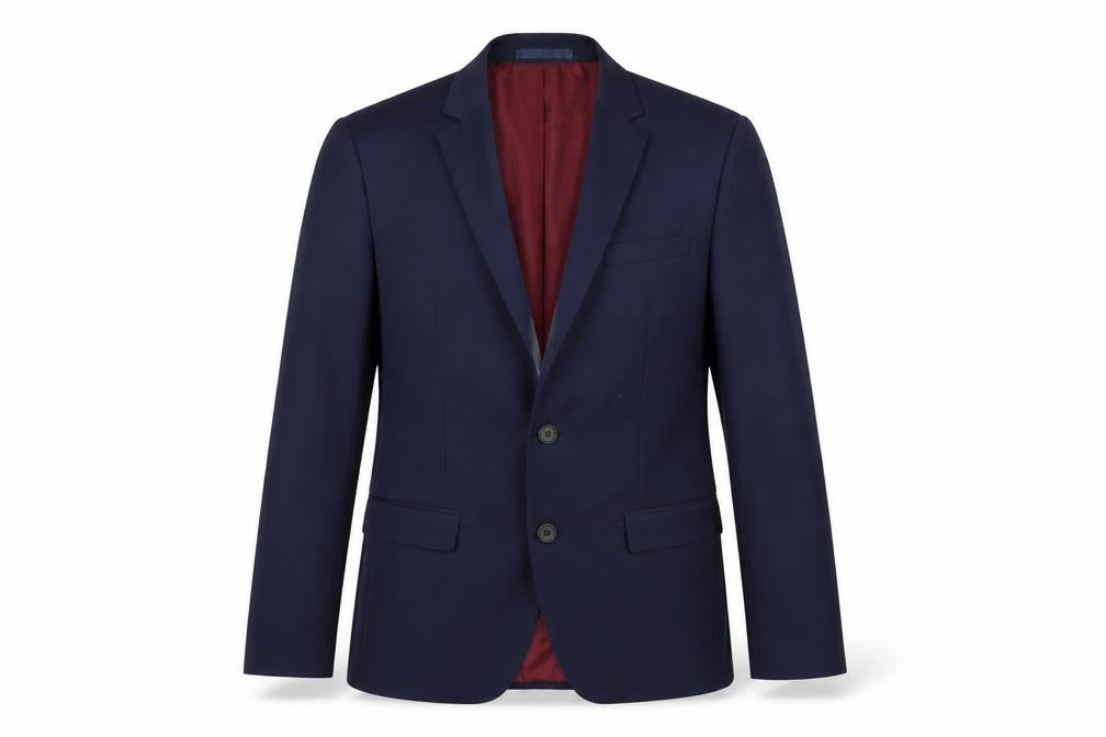 Front view of River Island men’s blue viscose jacket suit jacket, size 38, regular