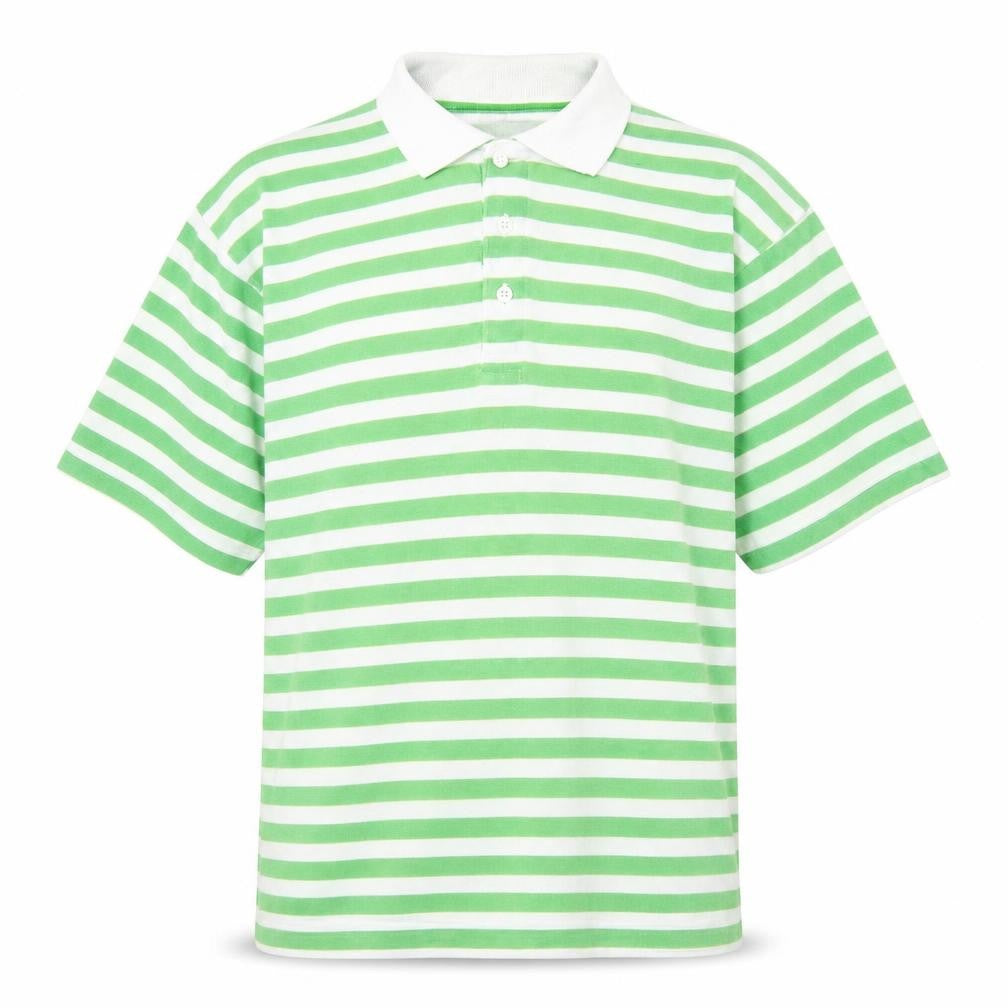 Front view of leisure man men’s green striped cotton polo, size M, collared button