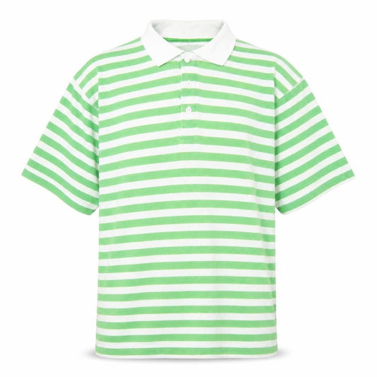 Front view of leisure man men’s green striped cotton polo, size M, collared button