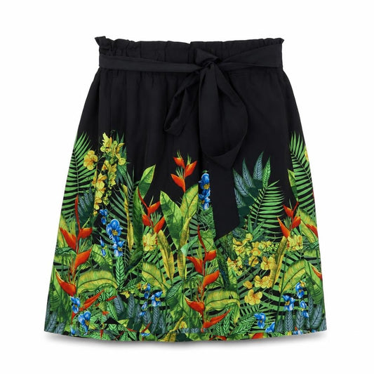 Front view of Oasis women’s multicoloured floral polyester a-line skirt, size UK 8, tie