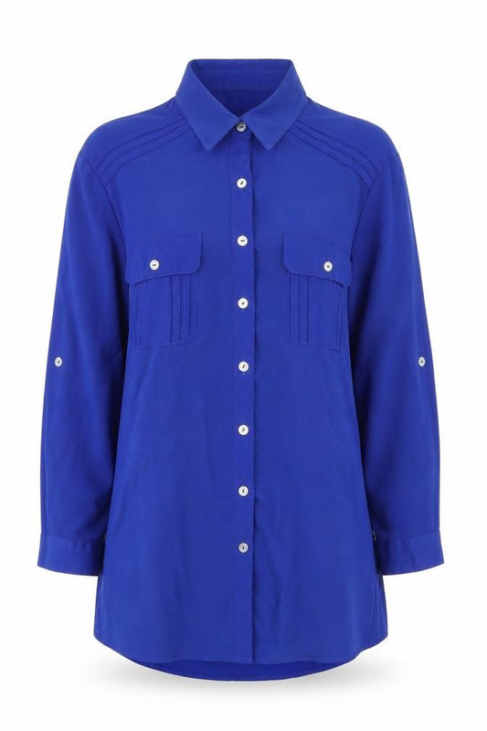 Front view of H&M women’s blue polyester basic button-up, size UK 6, collared