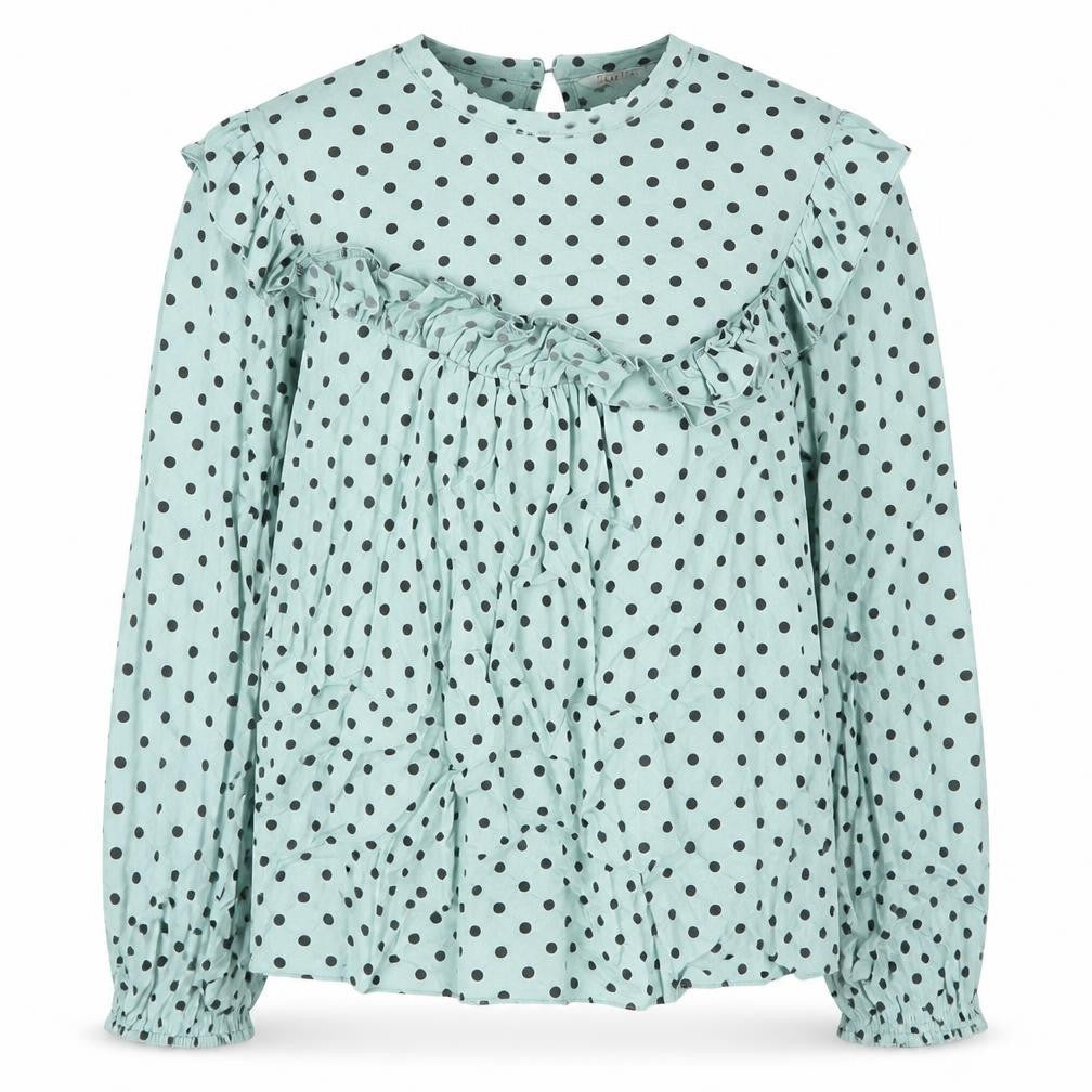 Front view of Papaya women’s green polka dot viscose basic blouse, size UK 8, round neck