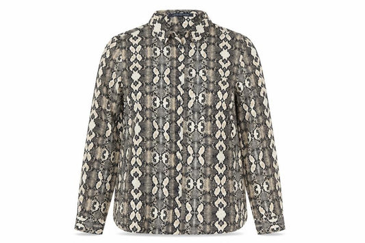 Front view of French Connection women’s brown geometric polyester basic button-up, size UK 8, collared