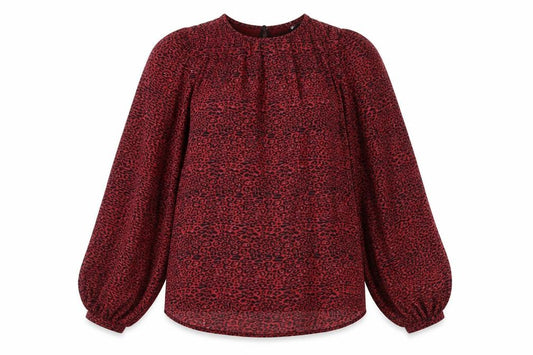 Front view of Zara women’s red geometric polyester basic blouse, size XS, round neck