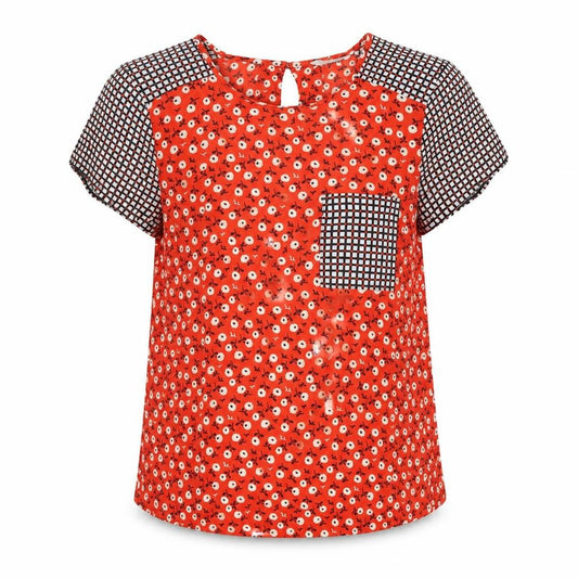 Front view of Red Herring women’s red geometric polyester basic blouse, size UK 10, round neck
