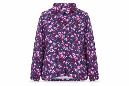 Front view of EWM women’s purple floral 100% cotton basic button-up, size L, collared