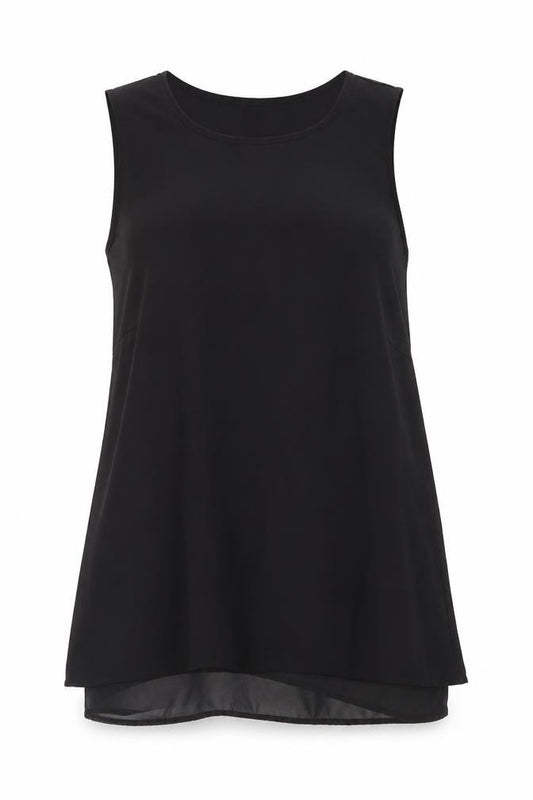 Front view of H&M women’s black polyester basic tank, size UK 10, scoop neck